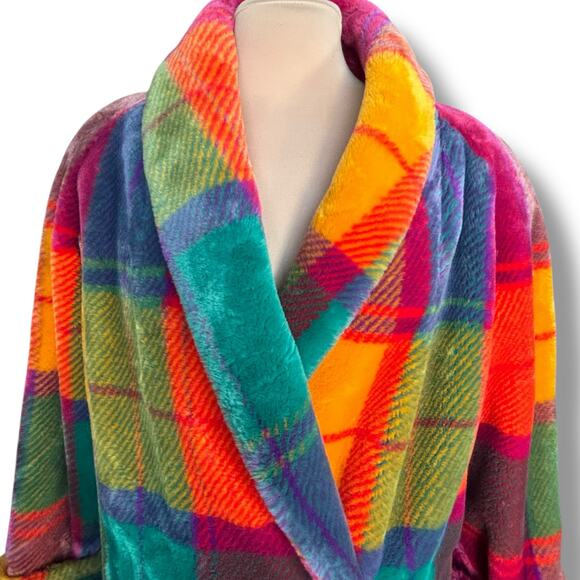 Vintage Donnybrook Rainbow Plaid Faux Fur Coat Colorful Oversized Jacket Large - Picture 5 of 14